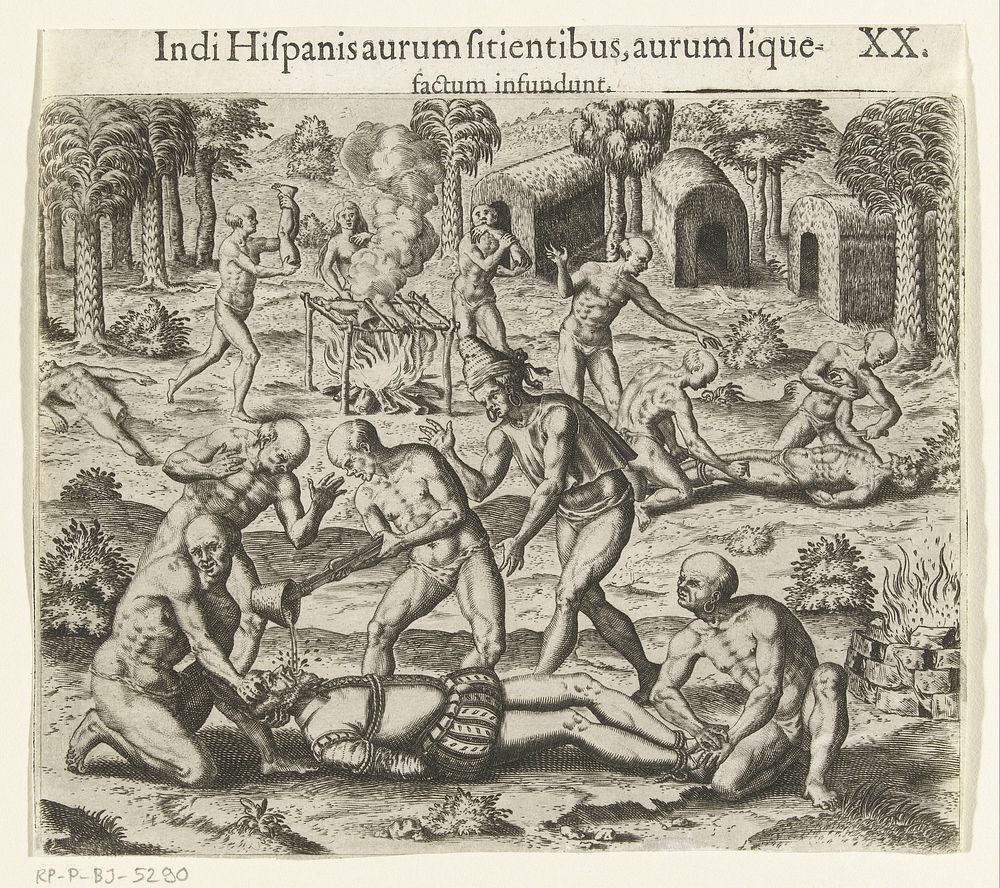 Oorspronkelijke Amerikanen gieten vloeibaar goud in de mond van een Spanjaard (1594) by Theodor de Bry, Johann Theodor de…