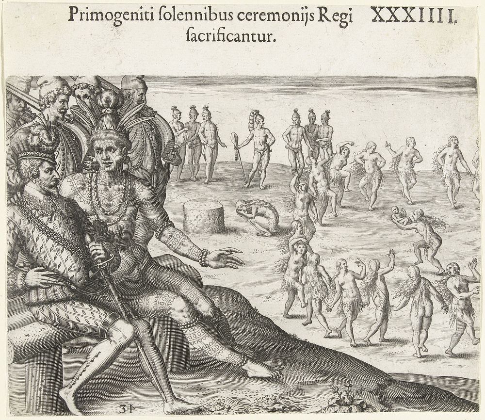 Ceremonie waarbij een eerstgeboren kind aan de koning wordt geofferd (1591) by Theodor de Bry and Johann Theodor de Bry