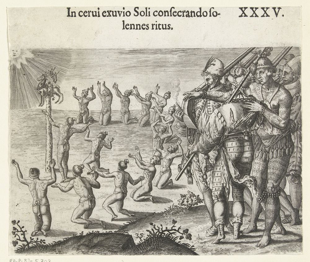 Ritueel waarbij een hertenhuid geofferd wordt aan de zon (1591) by Theodor de Bry and Johann Theodor de Bry