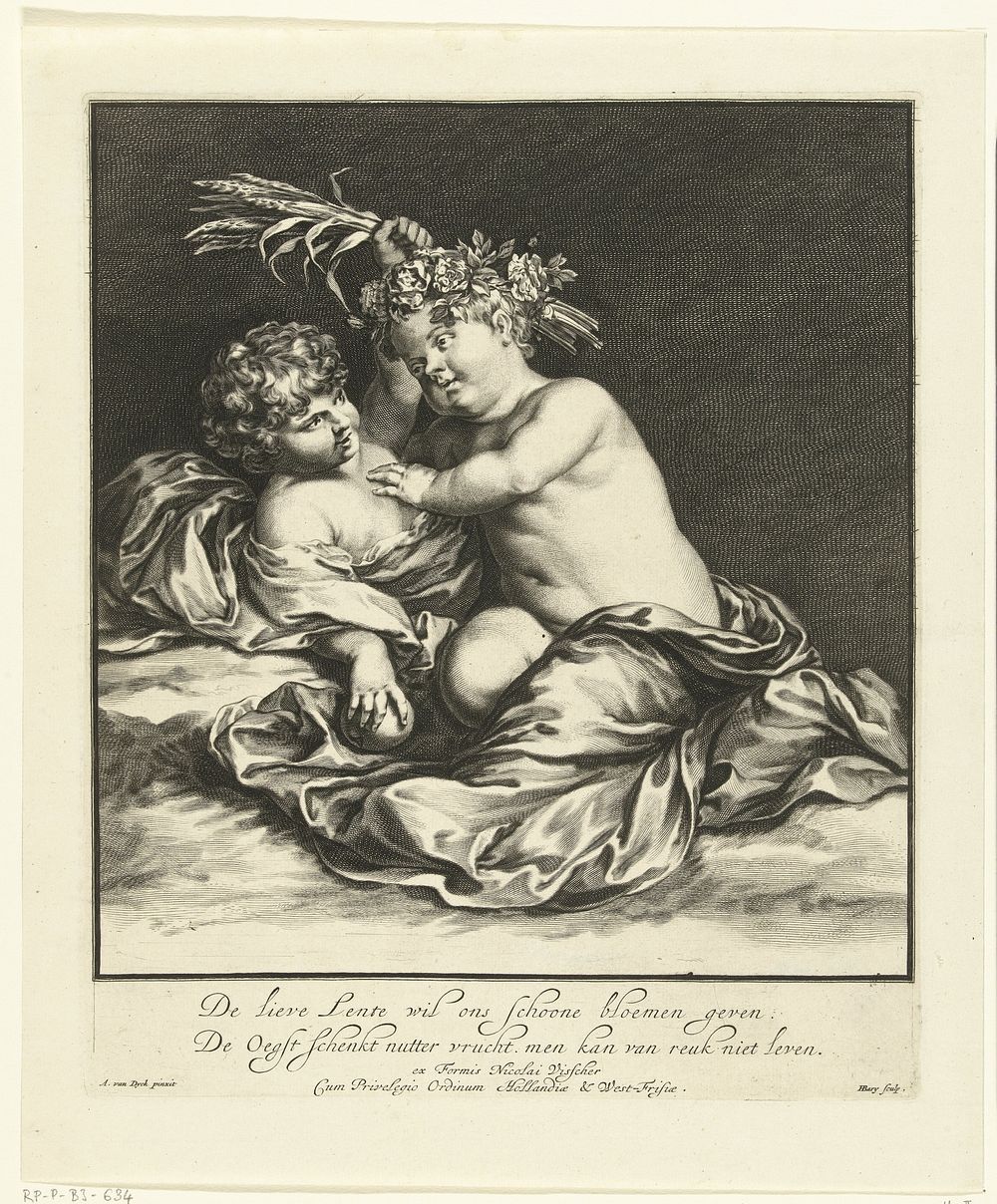 Twee spelende kinderen: Lente en Herfst (1659 - 1677) by Hendrik Bary, Anthony van Dyck, Nicolaes Visscher I and Staten van…
