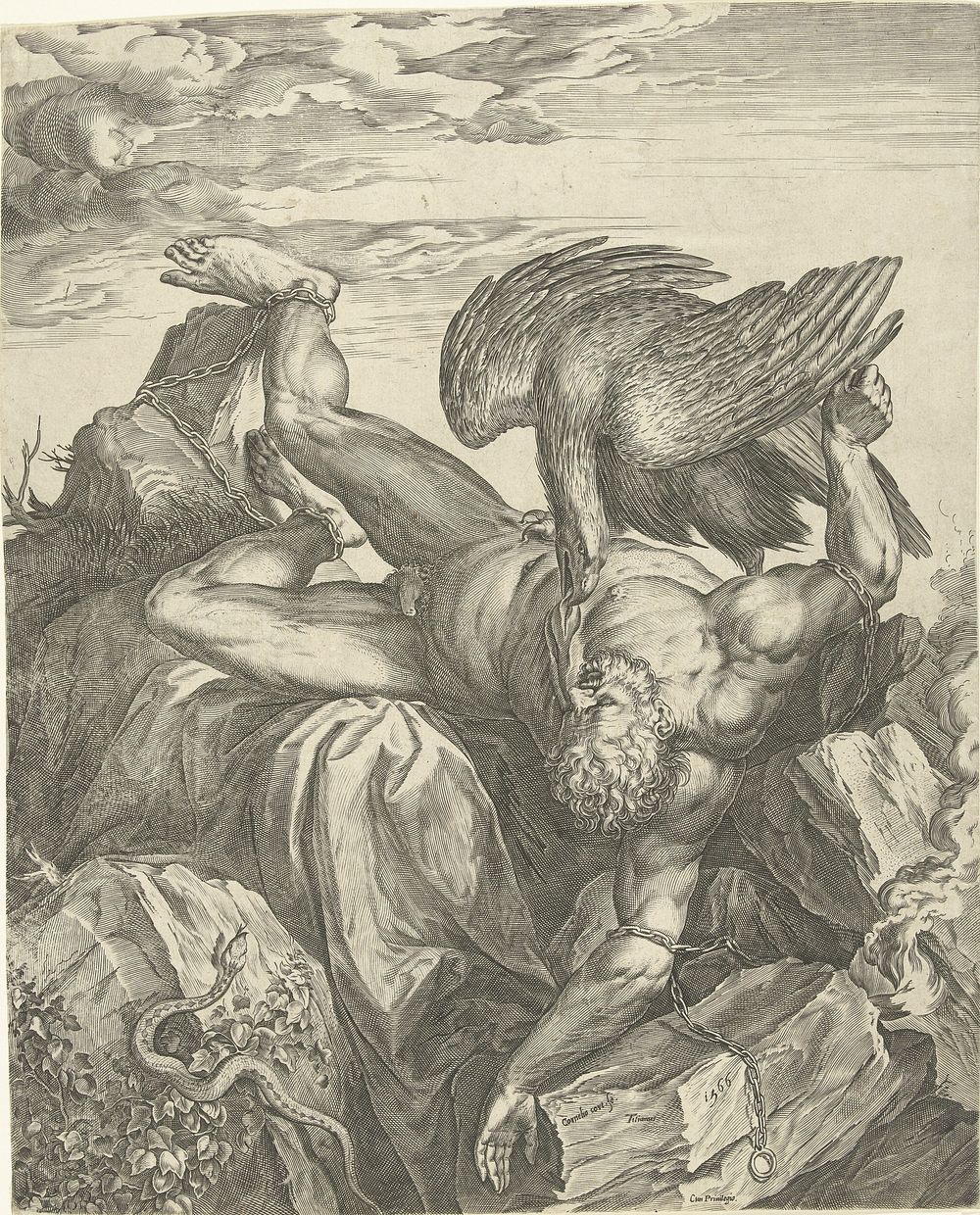 Prometheus aan de rotsen van de Kaukasus geketend / Tityus in de hel (1566) by Cornelis Cort and Titiaan