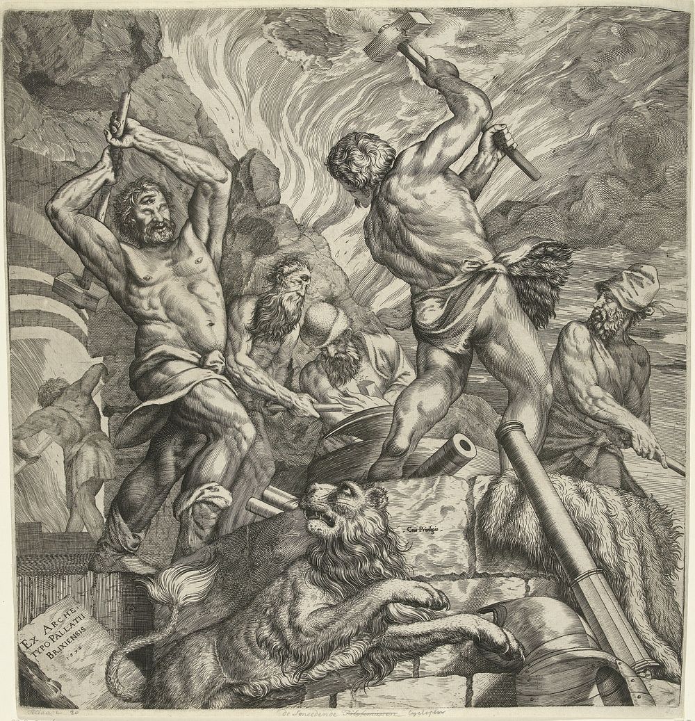De smidse van de cyclopen (1572) by Cornelis Cort and Titiaan