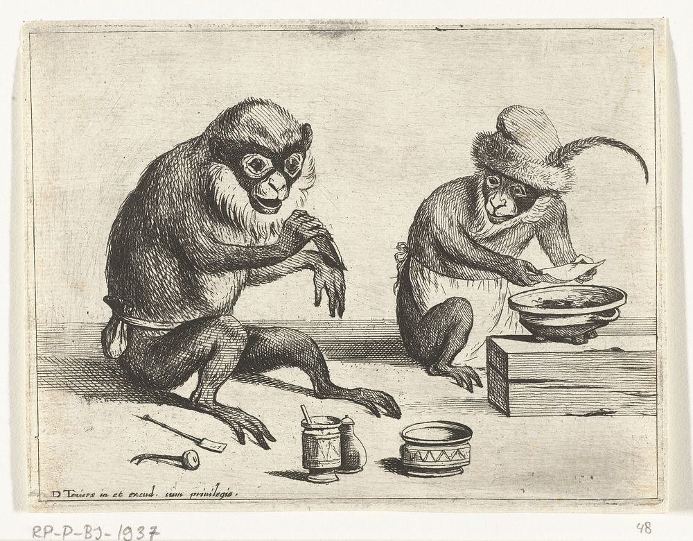 Een aap legt een verband aan (1635 - 1690) by Quirin Boel, David Teniers II and David Teniers II