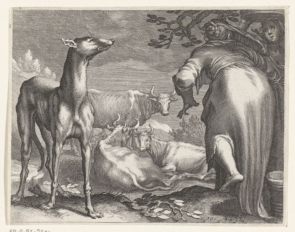 Twee vrouwen en hond bij koeien (1611) by Boëtius Adamsz Bolswert, Abraham Bloemaert and Boëtius Adamsz Bolswert