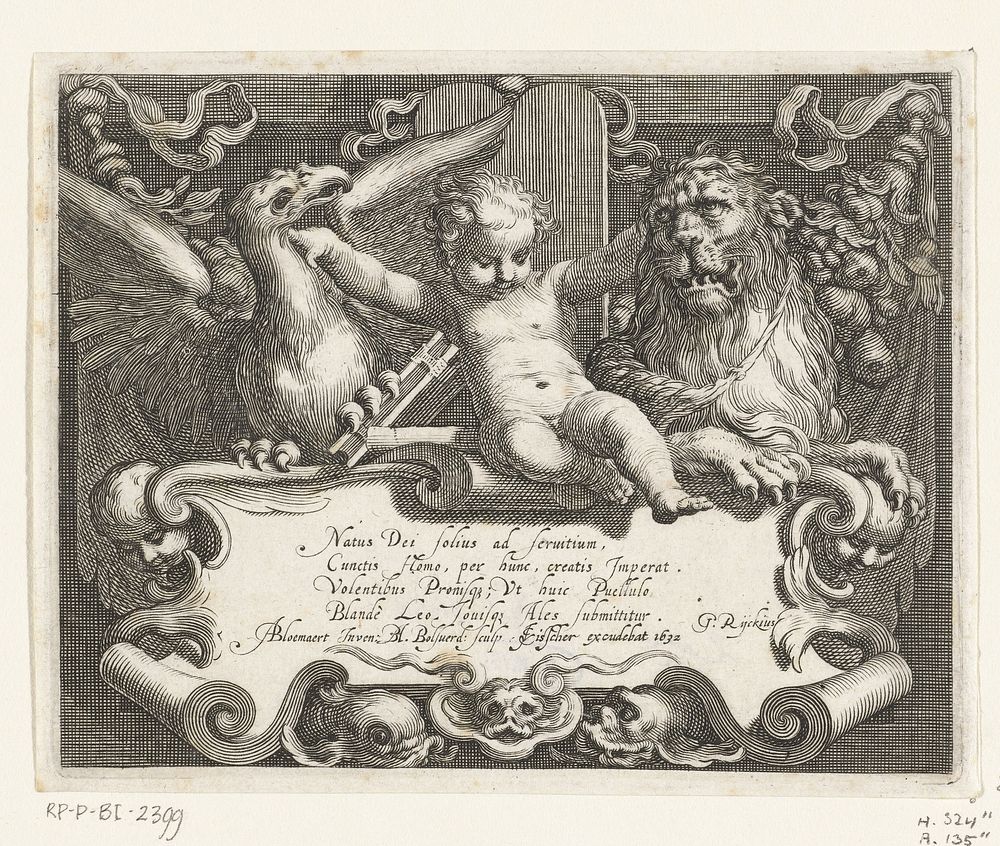 Titelprent met kind tussen getemde leeuw en roofvogel bovenop schild met vers (1632) by Boëtius Adamsz Bolswert, Abraham…