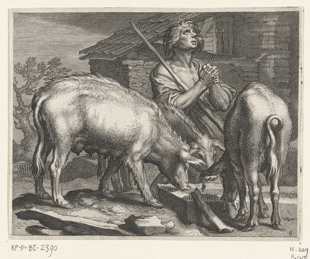 Verloren zoon als varkenshoeder met varkens bij trog (1611) by Boëtius Adamsz Bolswert, Abraham Bloemaert and Boëtius Adamsz…