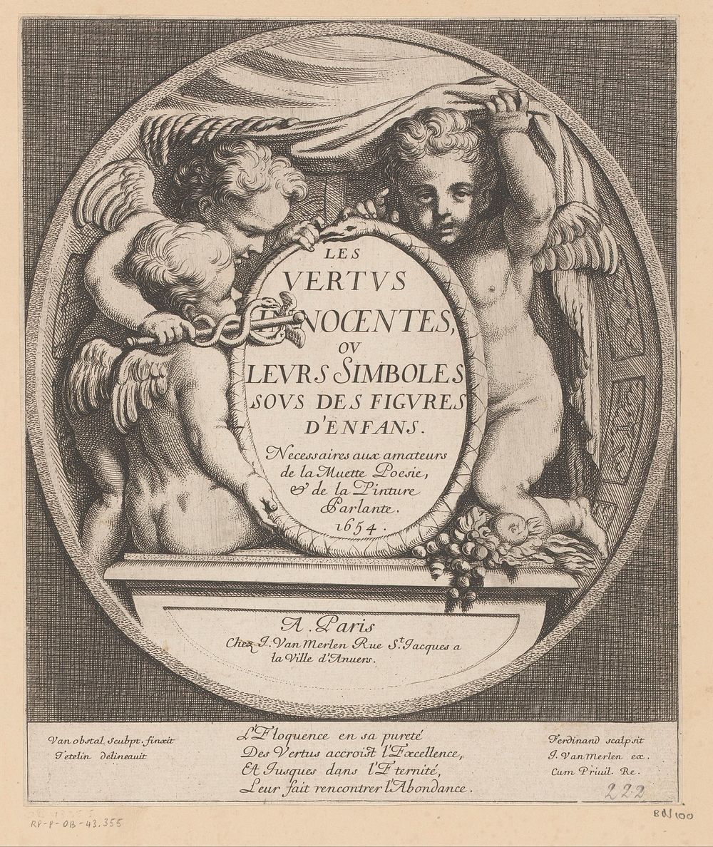 Titel in kader met slang vastgehouden door putti (1654) by Louis Ferdinand I Elle, Gerard van Opstal, Tetelin, Jacques van…