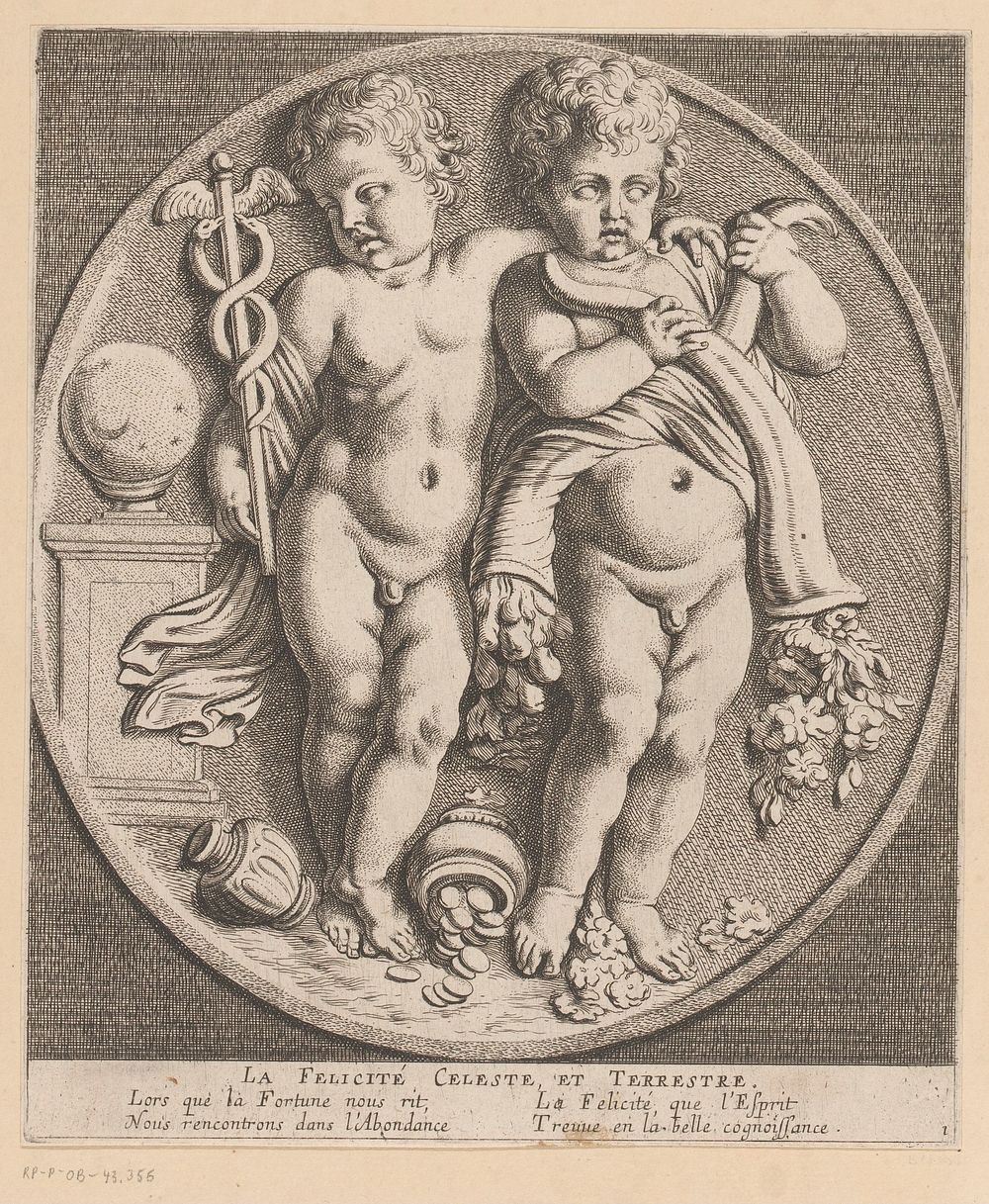 Hemelse en aardse geluk verbeeld door twee putti (1654) by Louis Ferdinand I Elle, Gerard van Opstal, Tetelin, Jacques van…