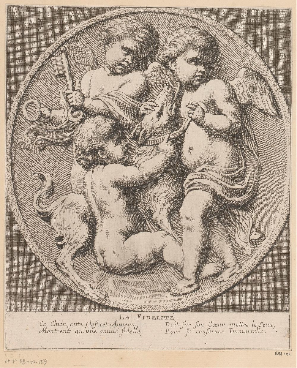 Drie putti doen een hond een halsband om (1654) by Louis Ferdinand I Elle, Gerard van Opstal, Tetelin, Jacques van Merlen…