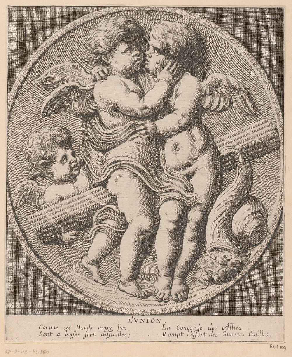 Twee elkaar omhelzende putti met hoorn des overvloeds (1654) by Louis Ferdinand I Elle, Gerard van Opstal, Tetelin, Jacques…
