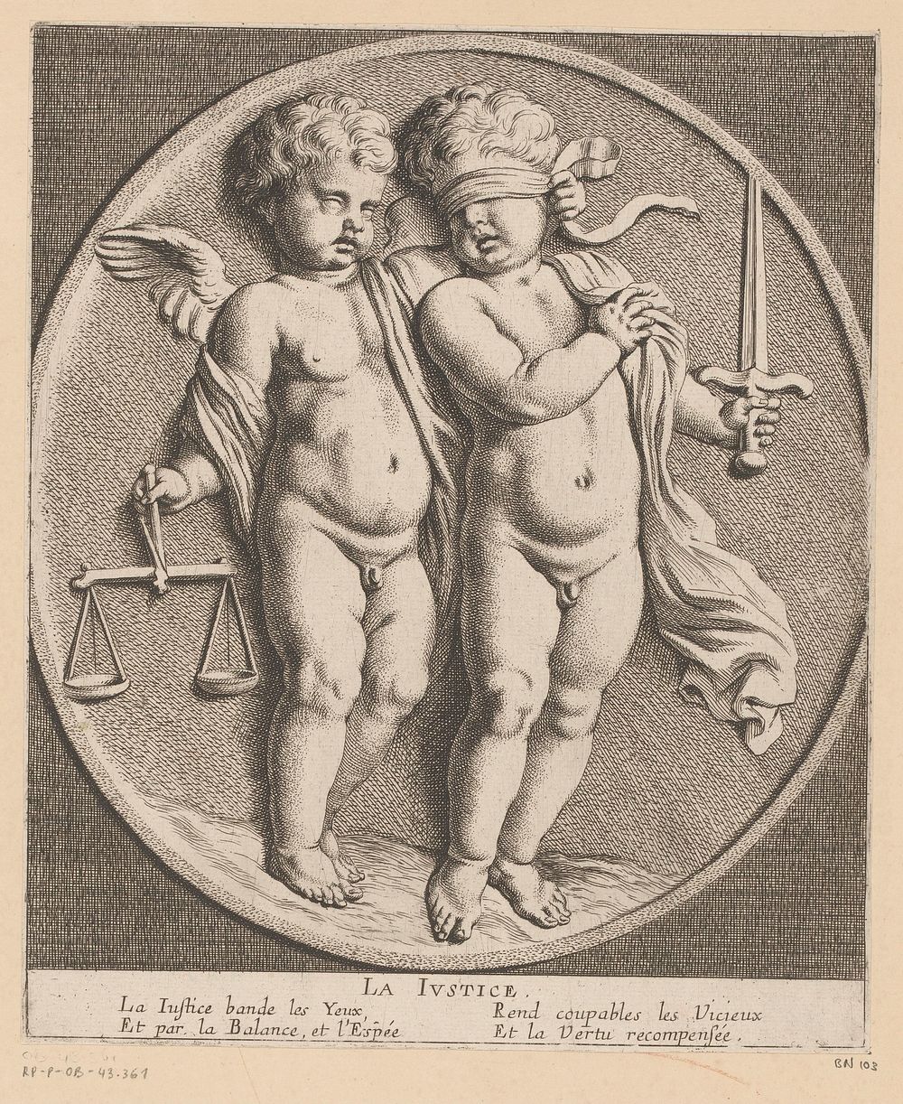 Twee putti met attributen van Justitia (1654) by Louis Ferdinand I Elle, Gerard van Opstal, Tetelin, Jacques van Merlen and…
