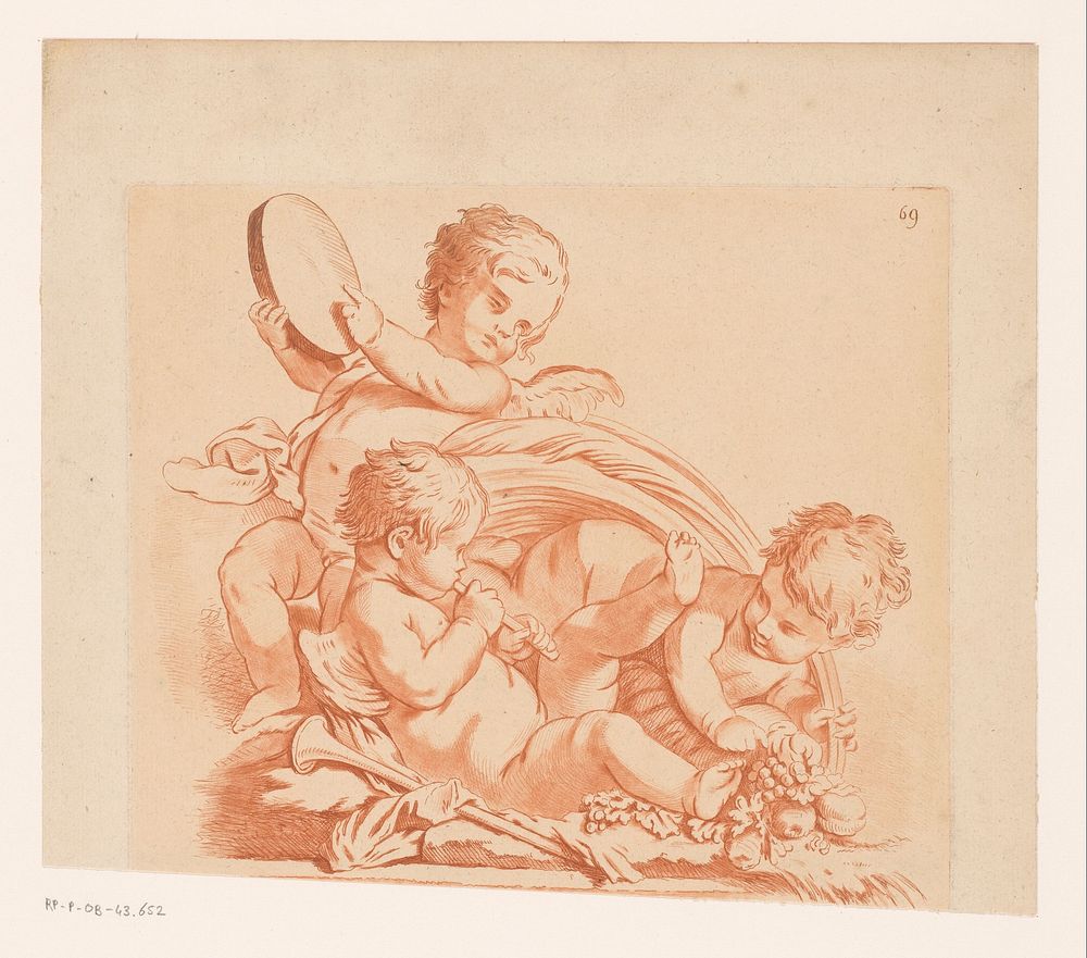 Drie putti met muziekinstrumenten en fruit (1755 - 1852) by Jean Baptiste Huet le vieux and Jean Baptiste Huet le jeune