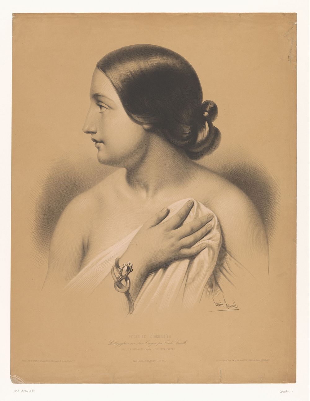 Jonge vrouw met armband bedekt zichzelf (1844) by Émile Lassalle, Hermann Winterhalter, Joseph Rose Lemercier, Vibert and…