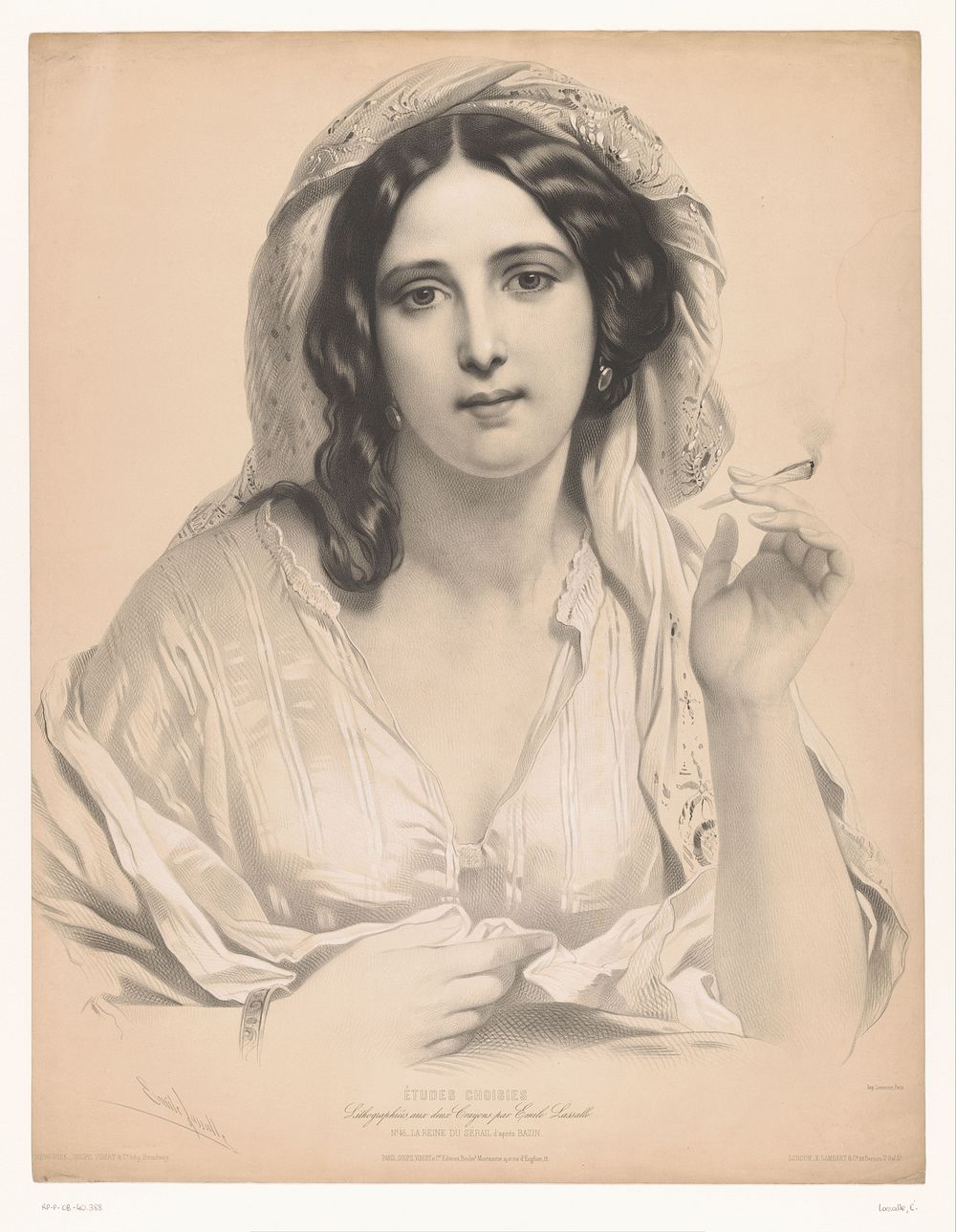 Gesluierde jonge vrouw met een sigaret in haar hand (1844 - 1850) by Émile Lassalle, Bazin, Joseph Rose Lemercier, Vibert…