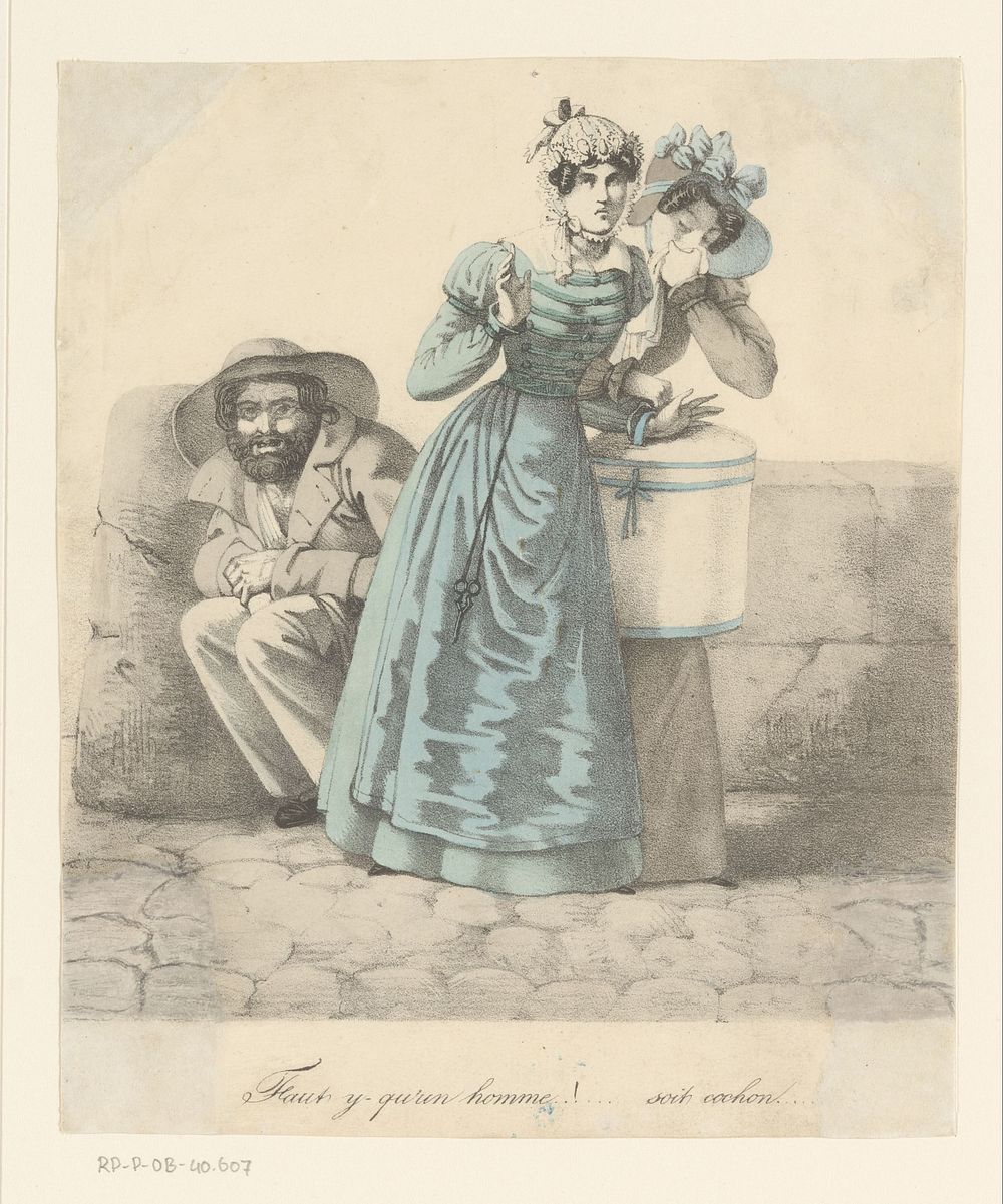 Twee vrouwen ruiken een vreemde geur, er achter een hurkende man (1824) by anonymous, Charles Etienne Pierre Motte and…
