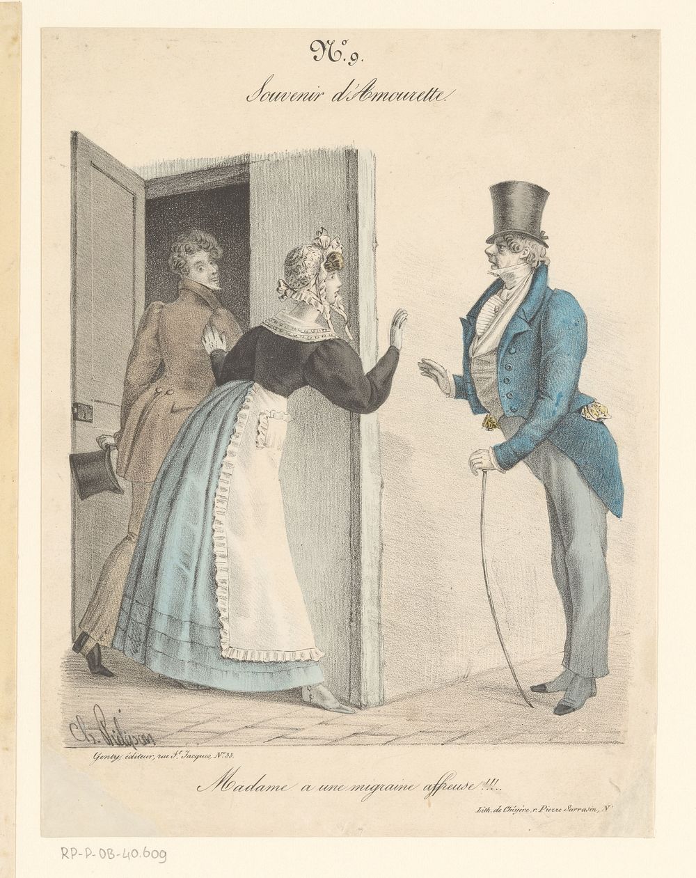 Vrouw houdt man uit het zicht voor andere man (1821 - 1828) by Charles Philipon, Alexandre Cheyère and Louis François Genty