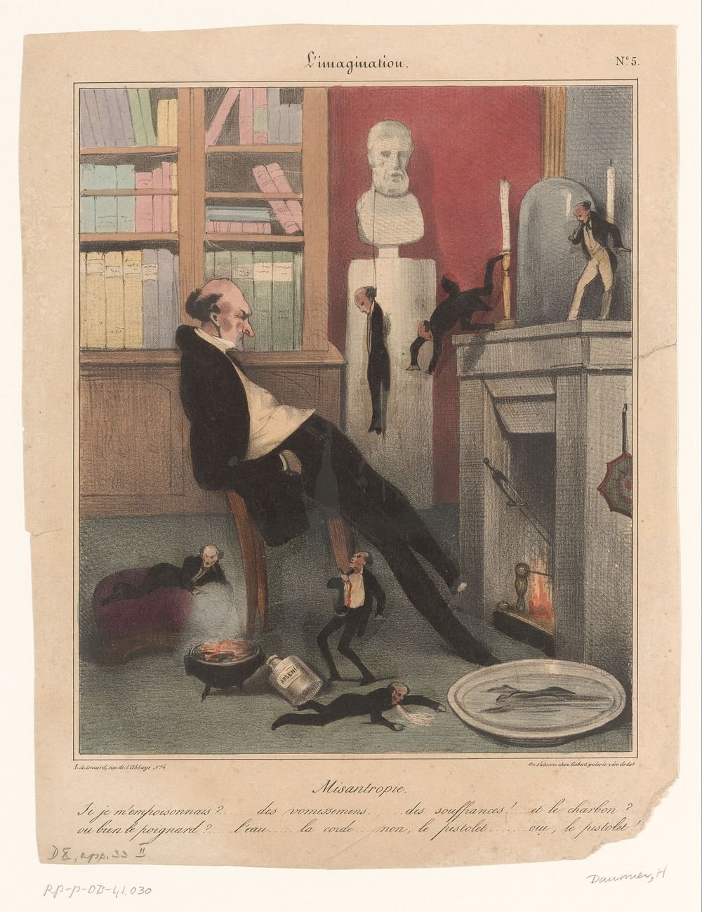 Karikatuur van een misantroop die bedenkt hoe hij zelfmoord zal plegen (1833) by Honoré Daumier, Jean François Benard and…