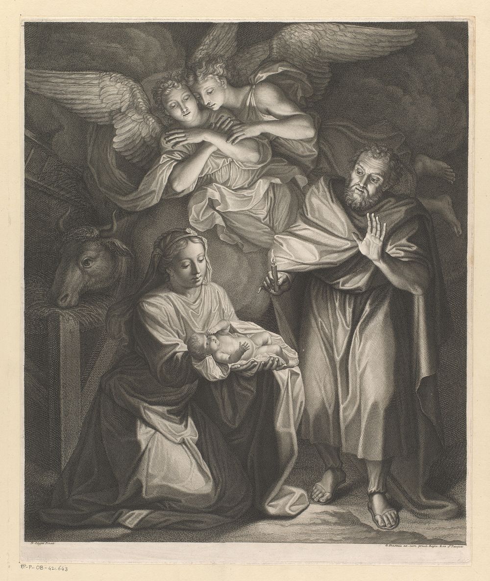 Aanbidding van het Christuskind door Maria, Jozef en de engelen (1661 - 1683) by Guillaume Chasteau, Noël Coypel, Guillaume…