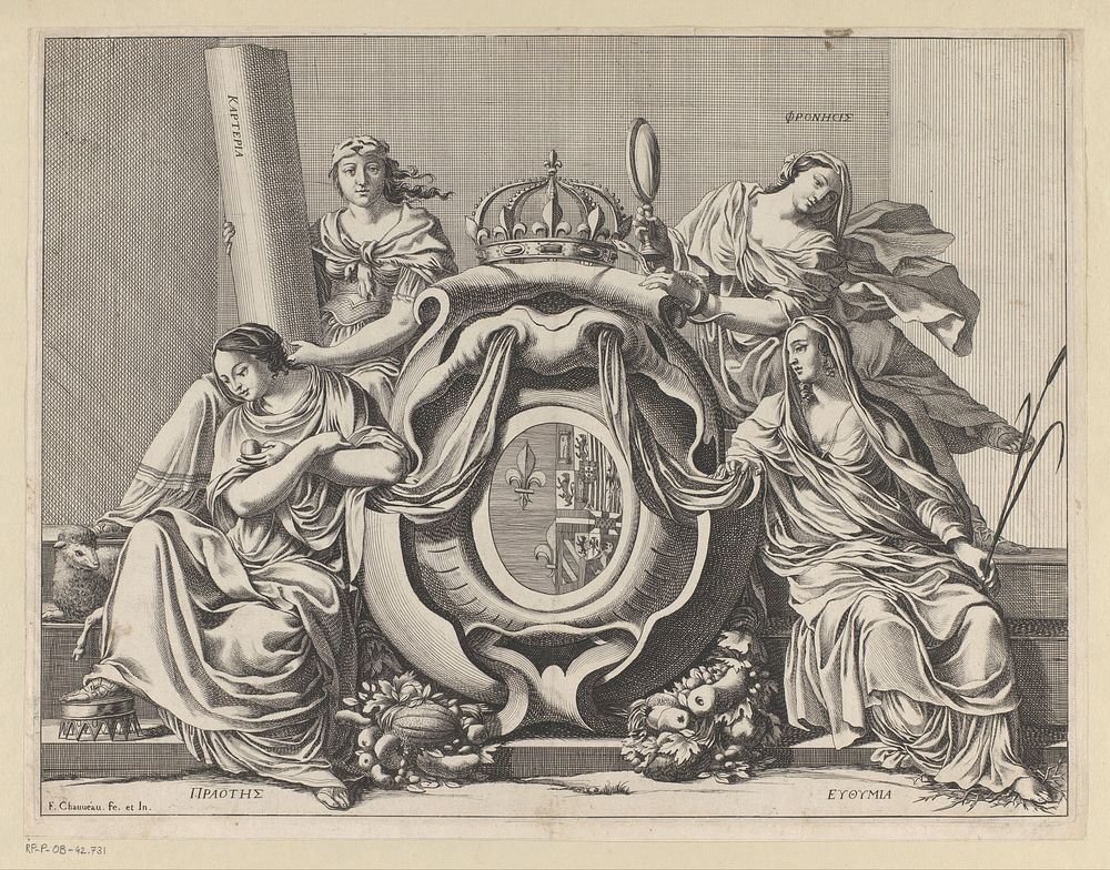 Gekroonde wapen van Anna van Oostenrijk tussen vier Deugden (1623 - 1676) by François Chauveau and François Chauveau