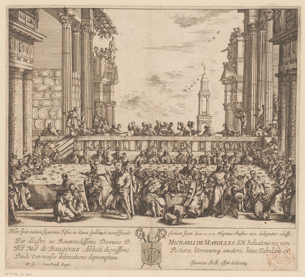 Bruiloft te Kana (1620 - 1681) by Nicolas Cochin, Paolo Veronese, Franse kroon, Michel de Marolles and Johannes Rab