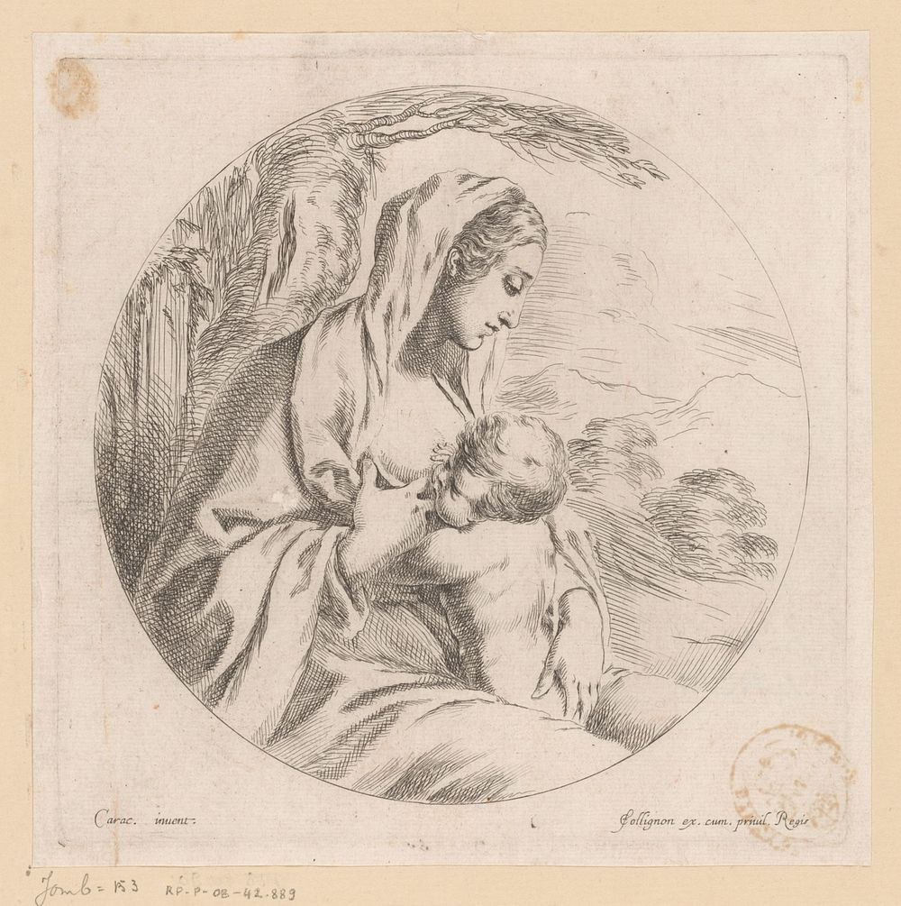 Maria zoogt het Christuskind (1620 - 1687) by François Collignon, Agostino Carracci and Franse kroon