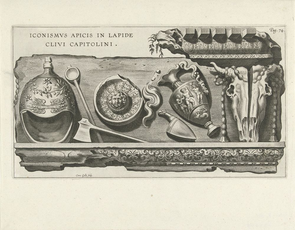 Antiek reliëf met gebruiksvoorwerpen (1608) by Cornelis Galle I, Peter Paul Rubens, Johannes Moretus I and Theodoor Galle