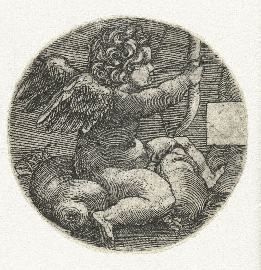 Cupido met pijl en boog gezeten op een kussen (1512 - 1599) by Barthel Beham, anonymous and Agostino Veneziano