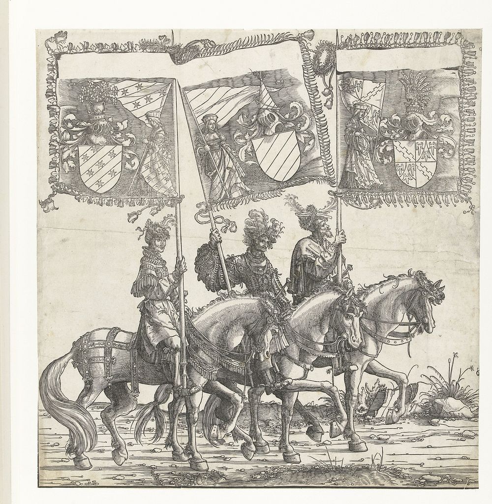 Drie mannen te paard dragen de Oostenrijkse vaandels van Ortenburg, Echingen en Achalm (1483 - 1526) by Hans Burgkmair I