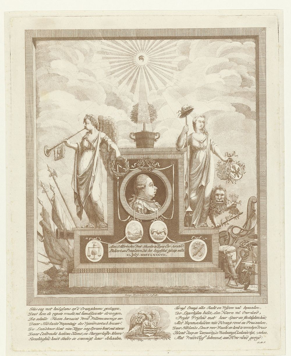 Allegorische compositie ter ere van Willem V prins van Oranje-Nassau, 11 Juli 1787 (1787 - 1792) by George Kockers…