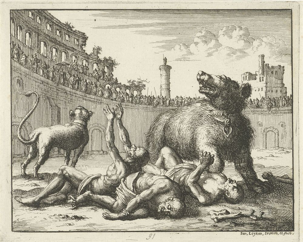 Taracus, Probus en Andronicus in de arena door een beer gespaard (1685) by Jan Luyken, Jan Luyken, Jacobus van der Deyster…