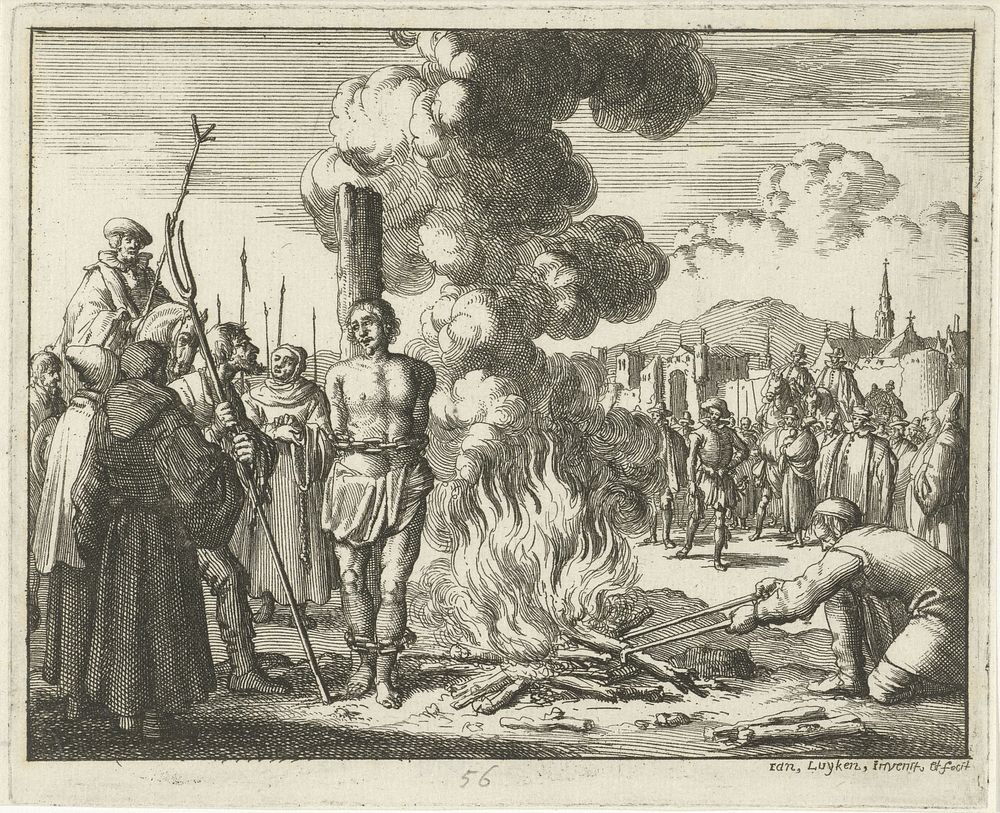 Leonhard Bernkopff voor de brandstapel, 1542 (1685) by Jan Luyken, Jan Luyken, Jacobus van der Deyster, Herman van den…