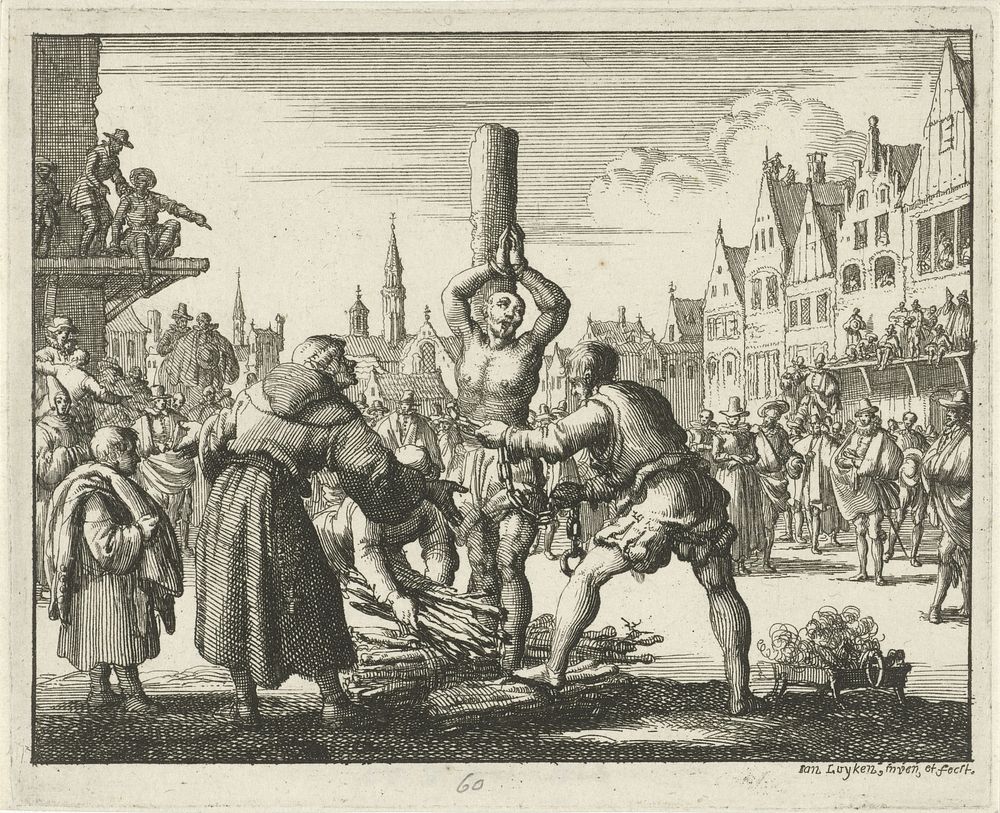 Johan Knel op de brandstapel in Londen, 1550 (1685) by Jan Luyken, Jan Luyken, Jacobus van der Deyster, Herman van den…