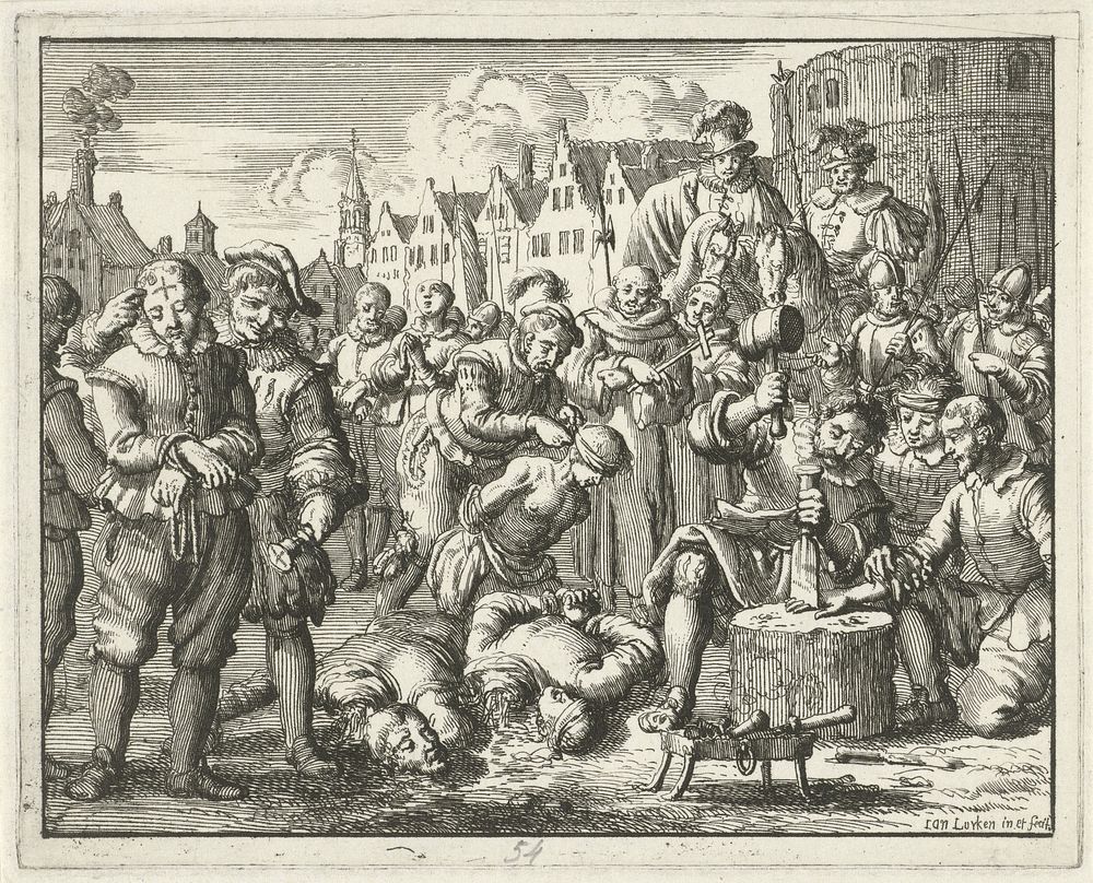 Wederdopers te Alzey gestraft, 1529 (1685) by Jan Luyken, Jan Luyken, Jacobus van der Deyster, Herman van den Bergh, Joannes…