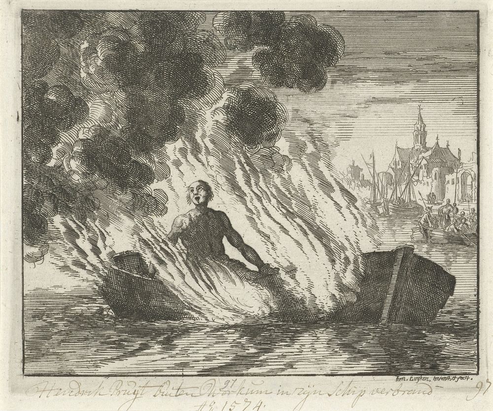 Hendrik Pruyt te Workum in een schuit verbrand, 1574 (1685) by Jan Luyken, Jan Luyken, Jacobus van der Deyster, Herman van…