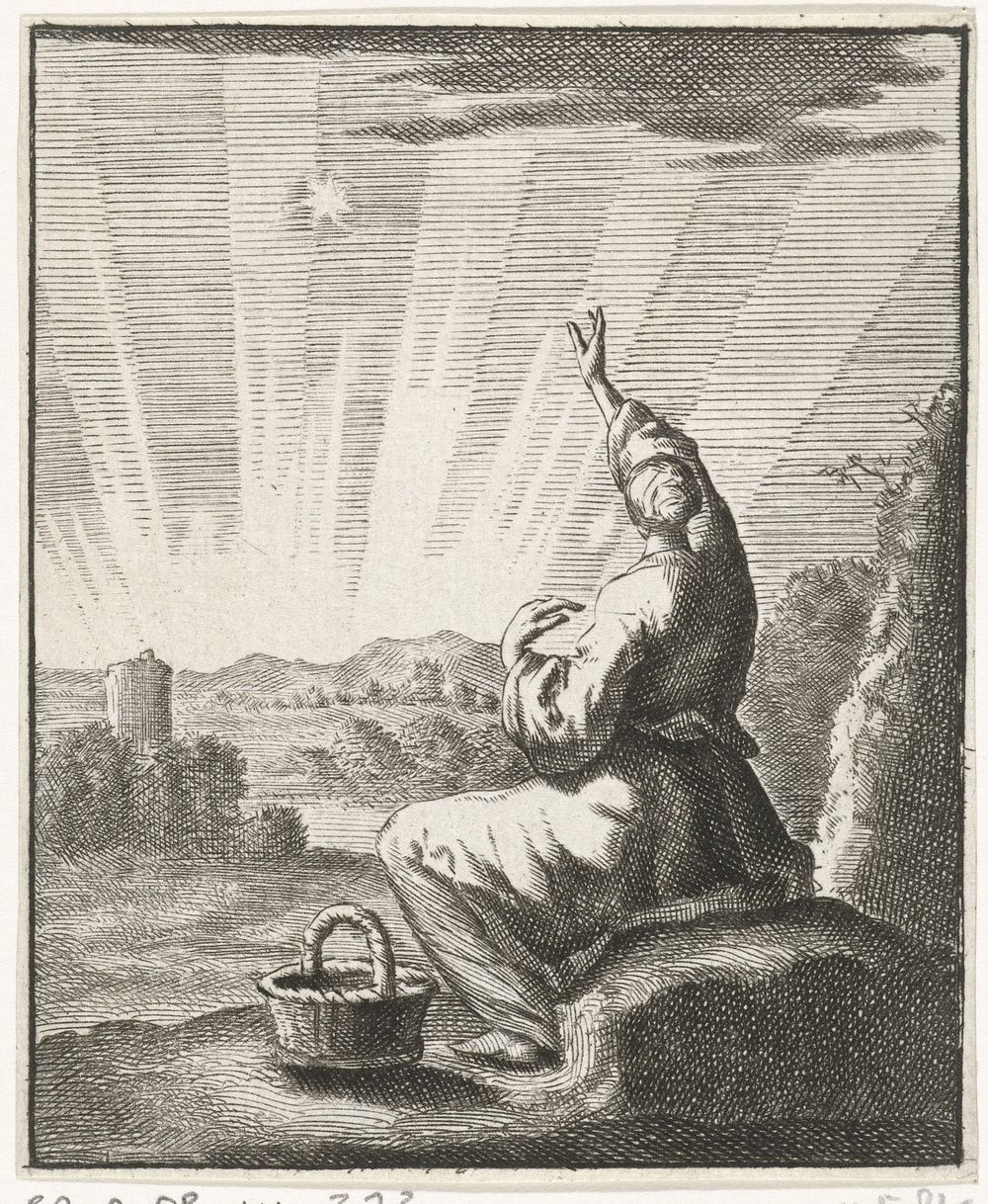 Vrouw aanschouwt de zonsopgang (1687) by Jan Luyken and Pieter Arentsz II