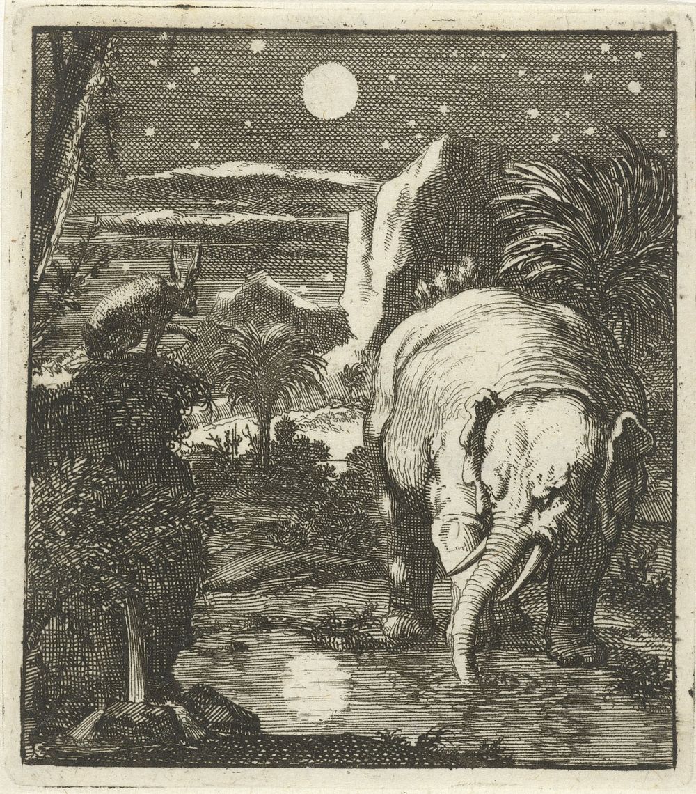Haas en olifant met volle maan bij een waterbron (1693) by Jan Luyken and Aart Wolsgrein