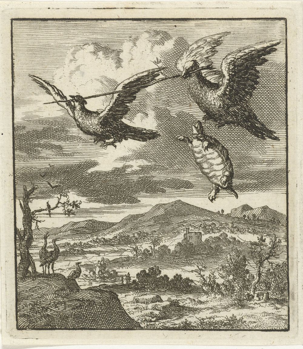 Twee vogels dragen samen al vliegend een stok waar een schildpad zich aan vasthield (1693) by Jan Luyken and Aart Wolsgrein