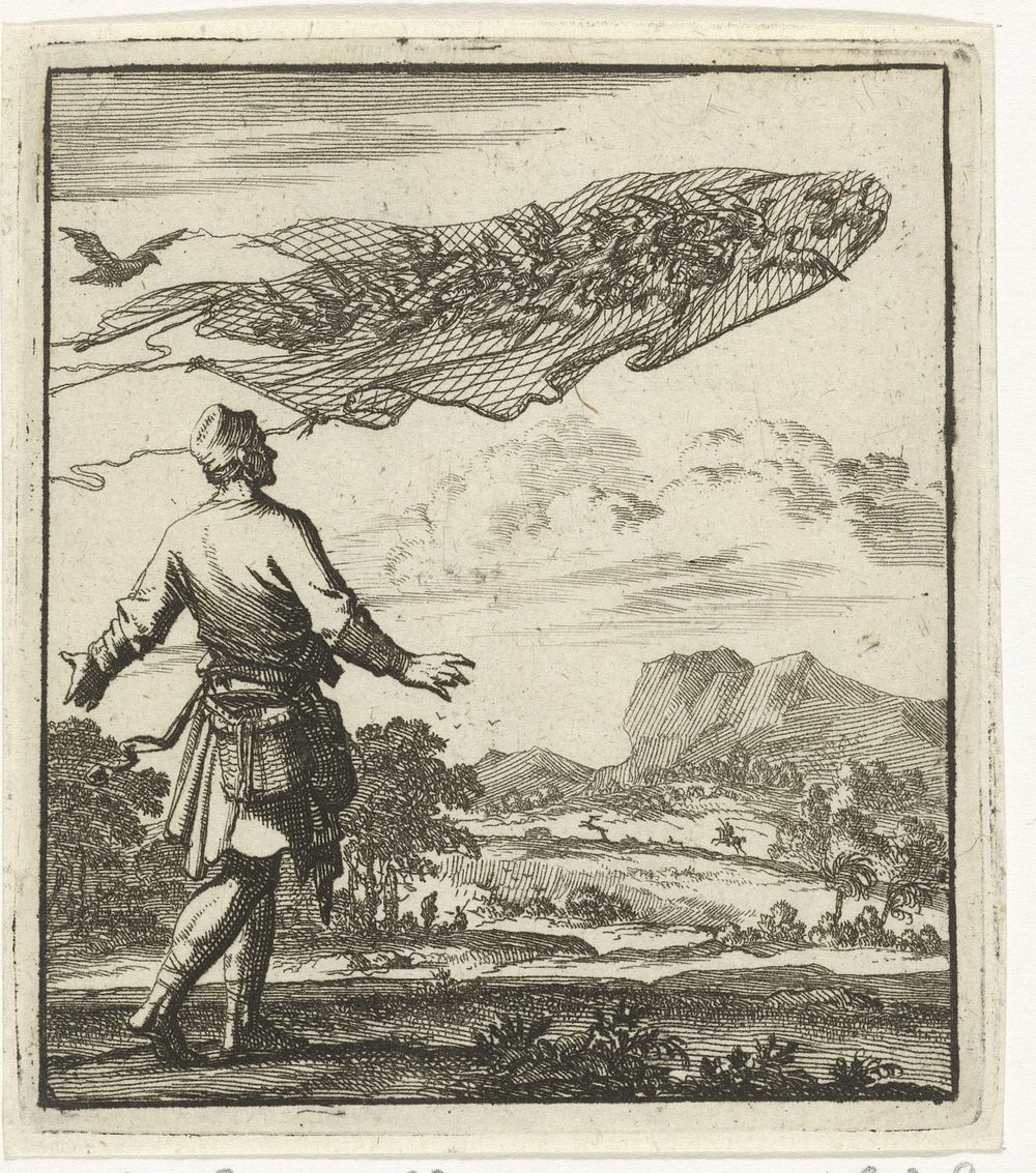Vogelvanger kijkt toe hoe zijn vogelnet door een aantal daaronder gevangen duiven wordt weggevlogen (1693) by Jan Luyken and…