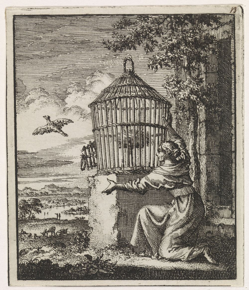 Vrouw bevrijdt een vogel uit een kooi (1704) by Jan Luyken
