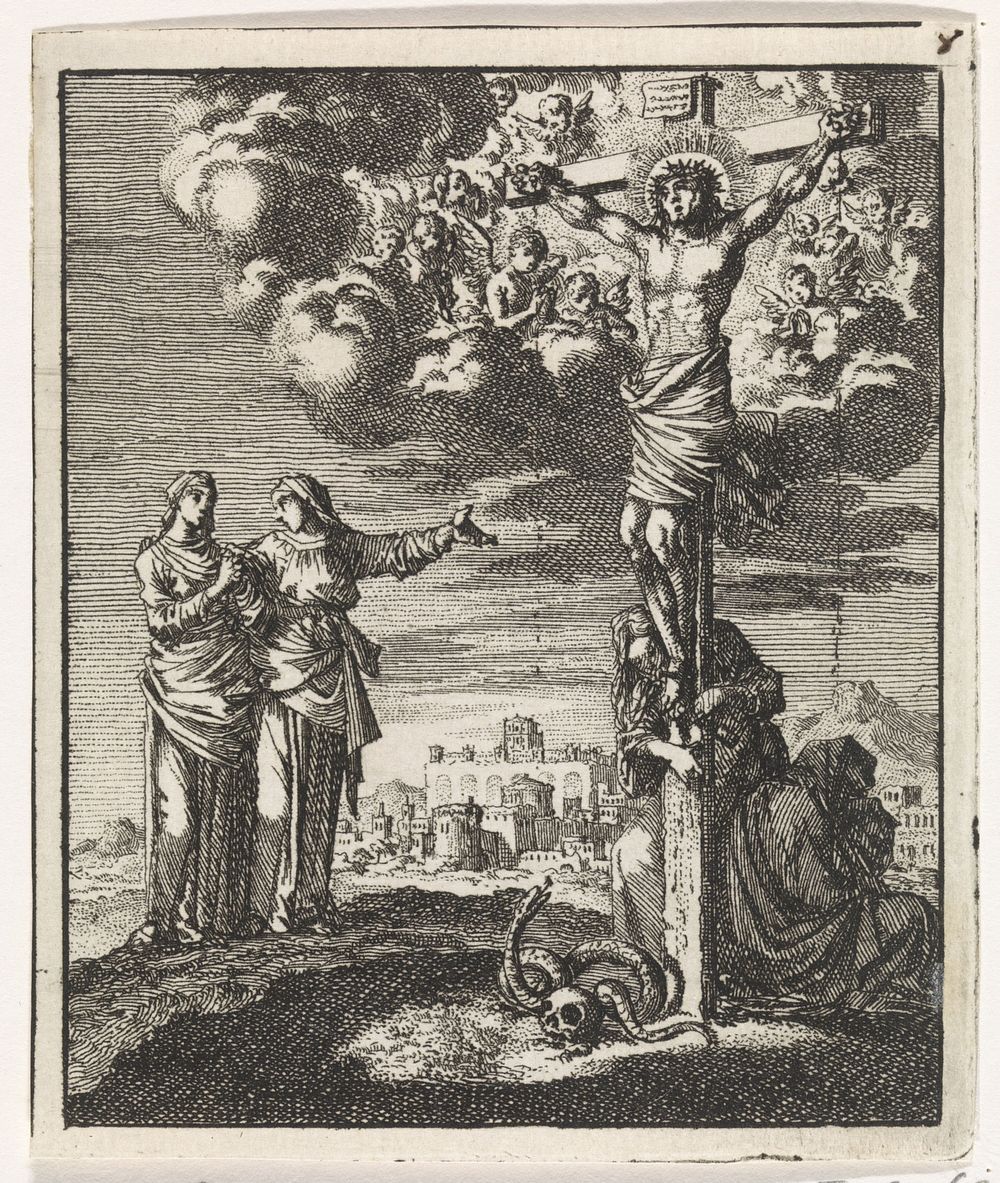 Twee vrouwen aanschouwen de gekruisigde Christus (1704) by Jan Luyken