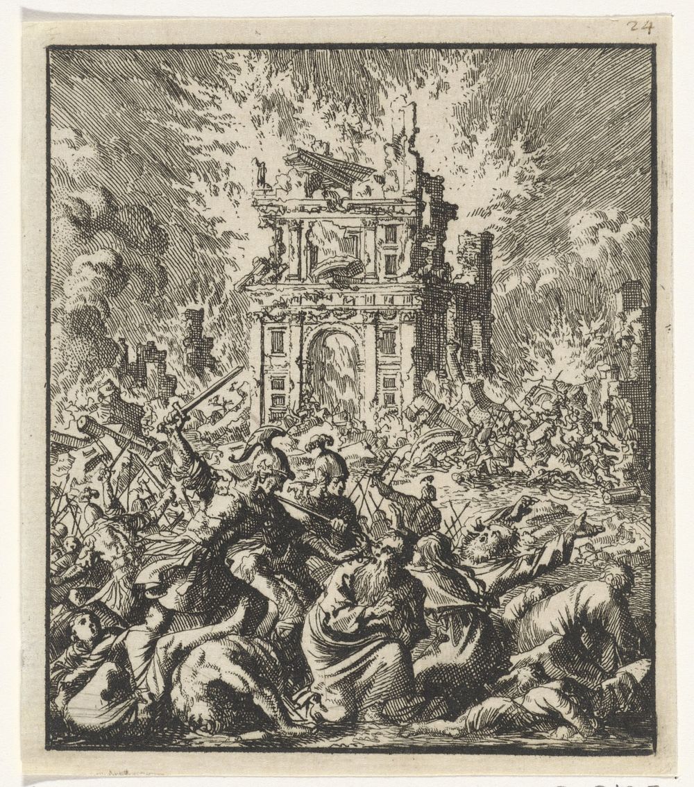 Romeinen doden de Joden, terwijl de Tempel brandt (1706) by Jan Luyken, Jan Rieuwertsz  II and Barent Visscher