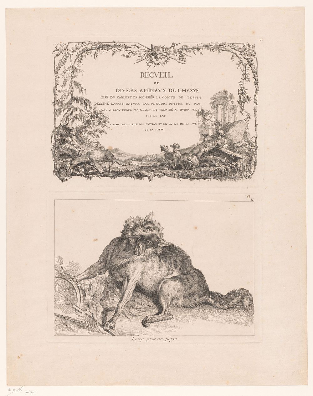 Blad met twee platen: titelprent serie 'Recueil de divers animaux de chasse' en wolf in een val (1740 - 1745) by Johan Eric…