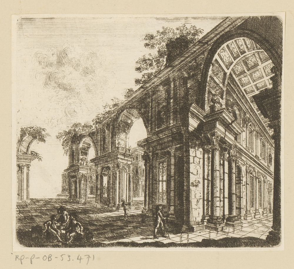 Fantasie architectuur met enkele figuren (1739 - 1804) by Johann Andreas Benjamin Nothnagel