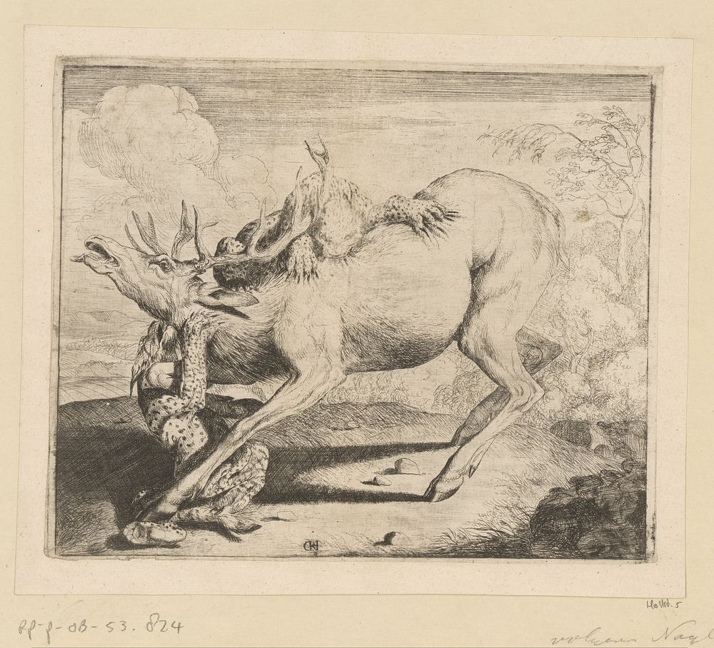 Hert aangevallen door luipaarden (1640 - 1703) by Carl Borromäus Andreas Ruthart
