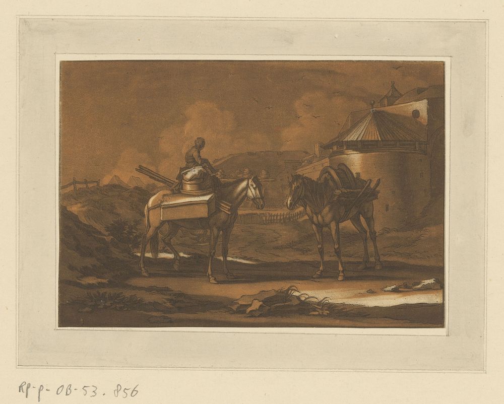 Twee bepakte paarden buiten stadsmuur, op één een kind gezeten (1718 - 1781) by Christian Rugendas, Georg Philipp Rugendas…