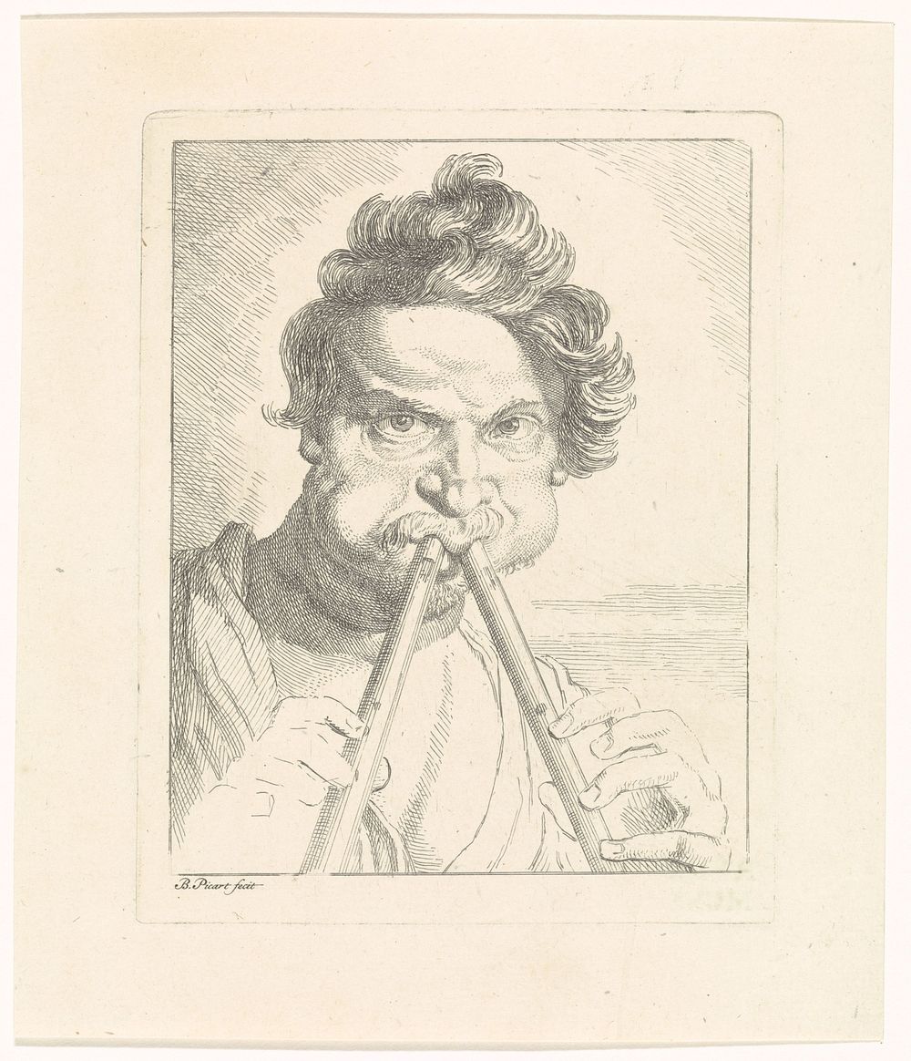 Man bespeelt twee fluiten tegelijk (1683 - 1733) by Bernard Picart and Anthony van Dyck