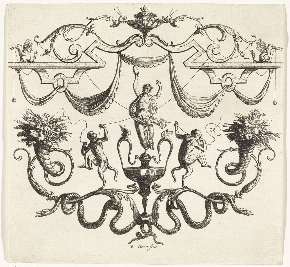 Ornament met een maenade met tamboerijn en twee aapjes (1683 - 1733) by Bernard Picart and Bernard Picart