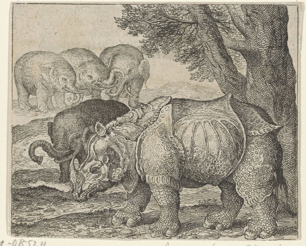 Fabel van de neushoorn en de olifanten (1608) by Aegidius Sadeler II, Aegidius Sadeler II, Albrecht Dürer and Aegidius…
