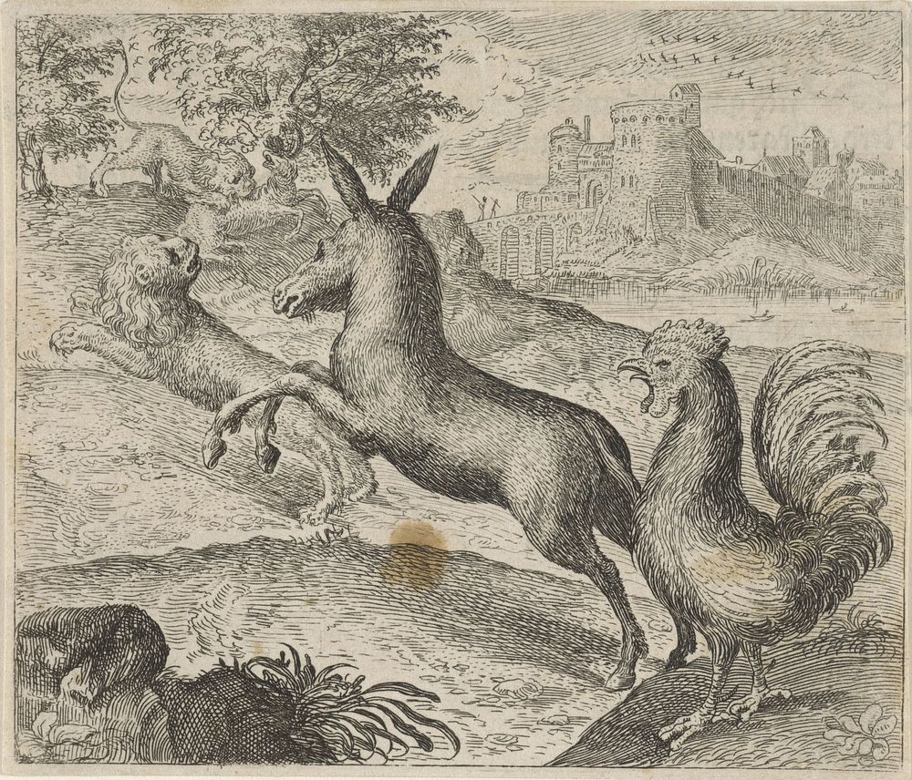 Fabel van de leeuw, ezel en haan (1608) by Aegidius Sadeler II, Marcus Gheeraerts I, Marcus Gheeraerts I and Aegidius…