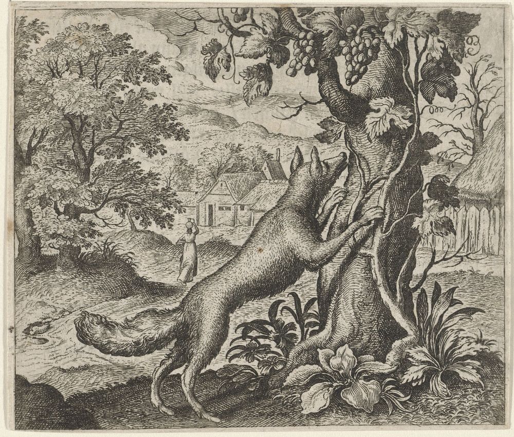 Fabel van de vos en de druiven (1608) by Aegidius Sadeler II, Marcus Gheeraerts I, Marcus Gheeraerts I and Aegidius Sadeler…